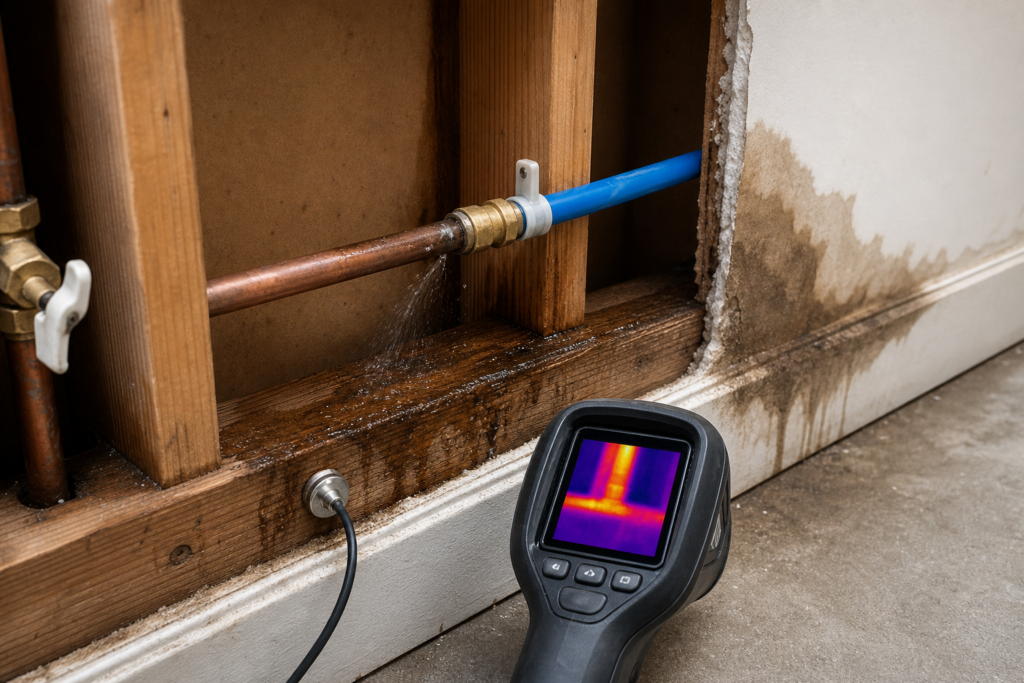 Hidden copper-to-PEX supply-line leak wetting wall framing while leak-detection tools trace the moisture path