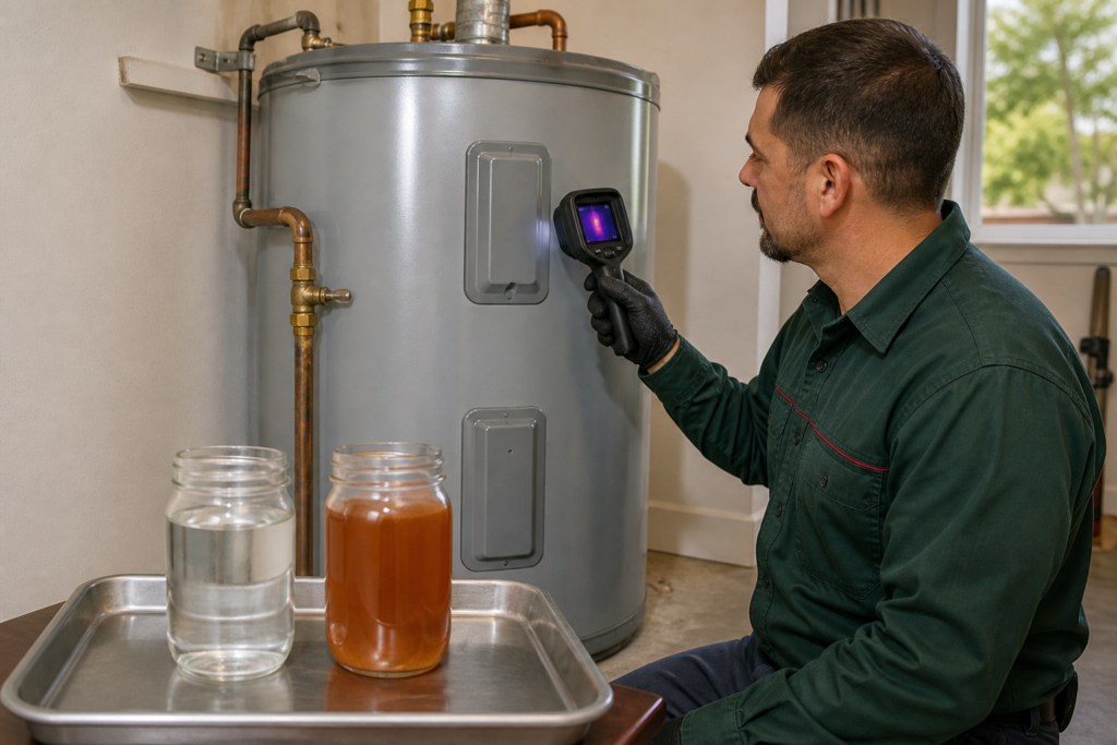 Technician comparing clear cold water and rusty-brown hot water samples beside an intact tank water heater