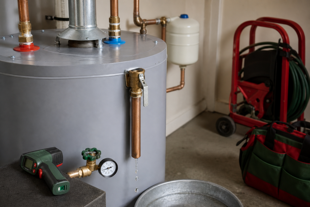 Water-heater temperature-and-pressure relief valve and discharge tube dripping beside pressure and temperature diagnostic tools