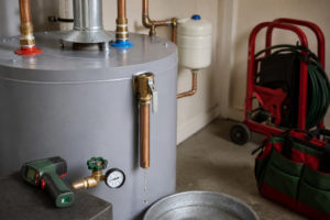 Water-heater temperature-and-pressure relief valve and discharge tube dripping beside pressure and temperature diagnostic tools