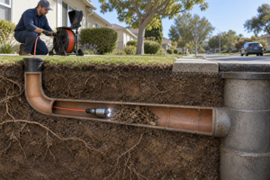 Sewer camera and push rod stopped at a localized obstruction before a residential street connection