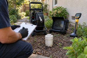 Illustrative sewer camera equipment and capped cleanout in a residential garden during inspection planning